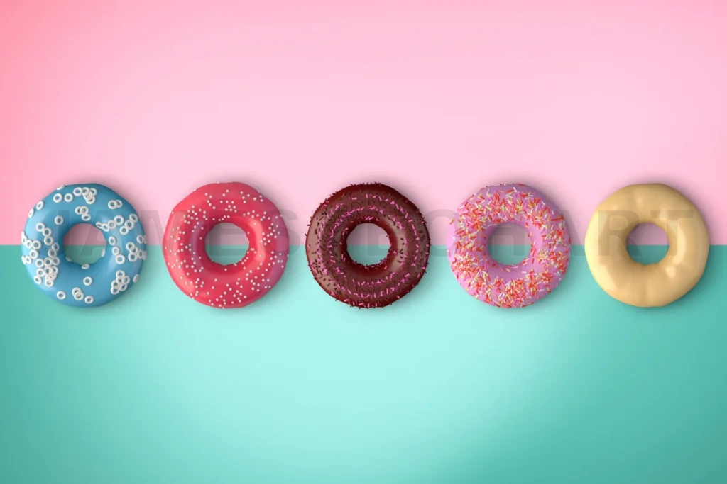 
Top View Various Donut Isolated On Pink And Vintage Green Background