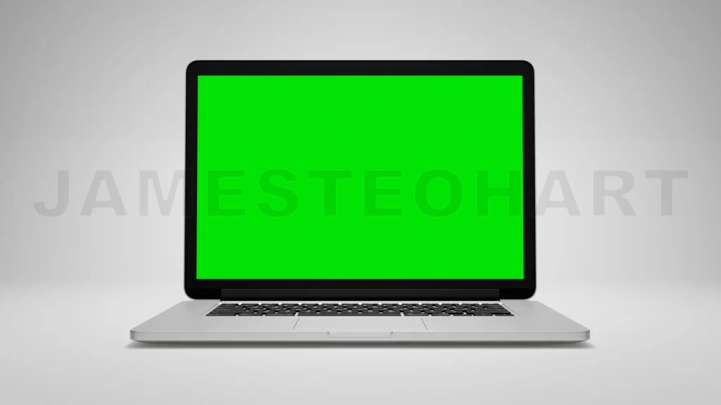 
3d modern laptop computer showing green chroma key screen on white background