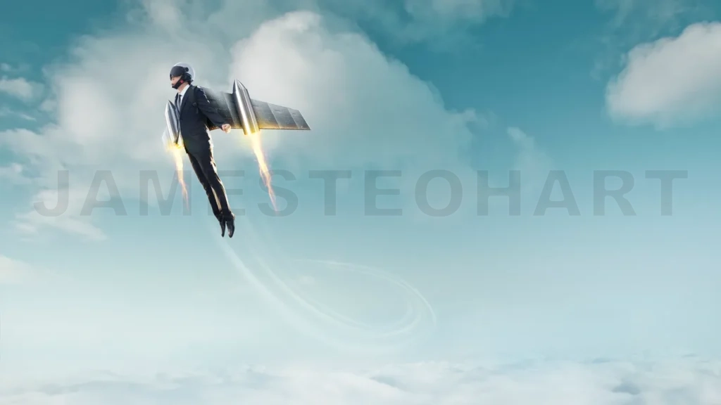 
Businessman flying with jetpack above clouds reaching success