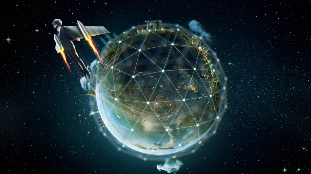 
Businessman wearing a jetpack is flying around a global business network