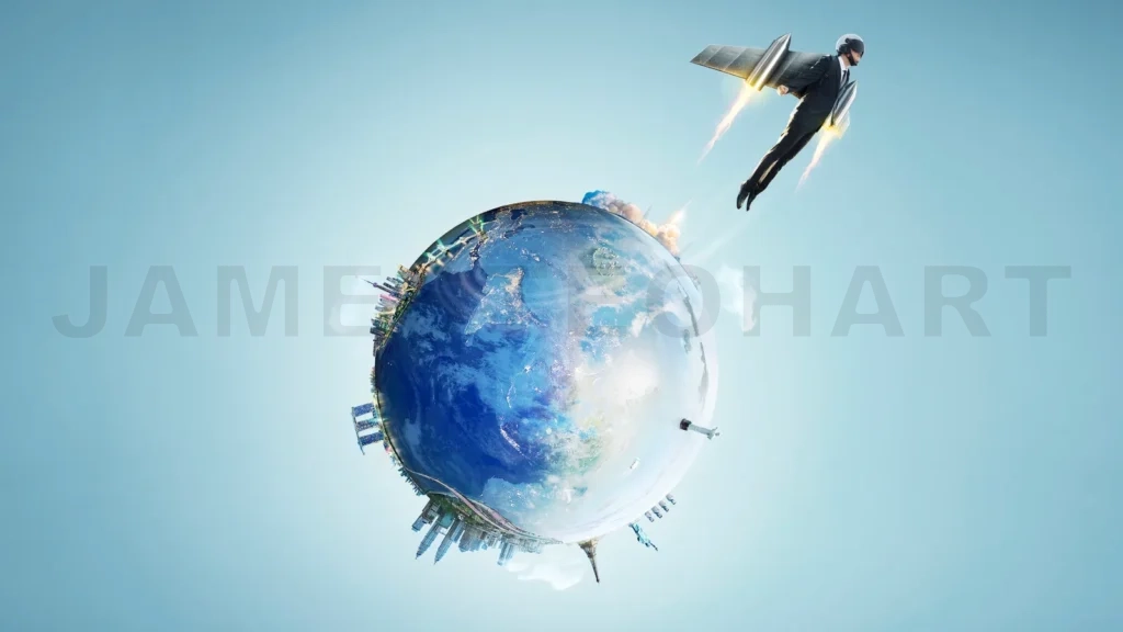 
Businessman flying with jetpack around the earth with international landmarks