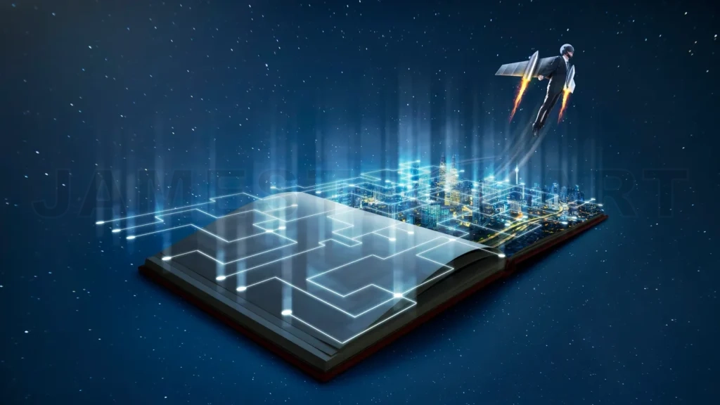 
Businessman flying with jetpack over futuristic city emerging from open book