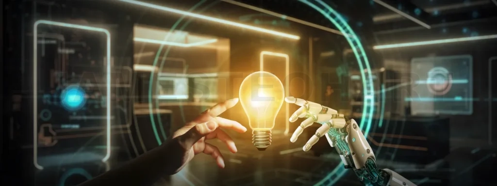 
Robot hand and human hand touching light bulb together