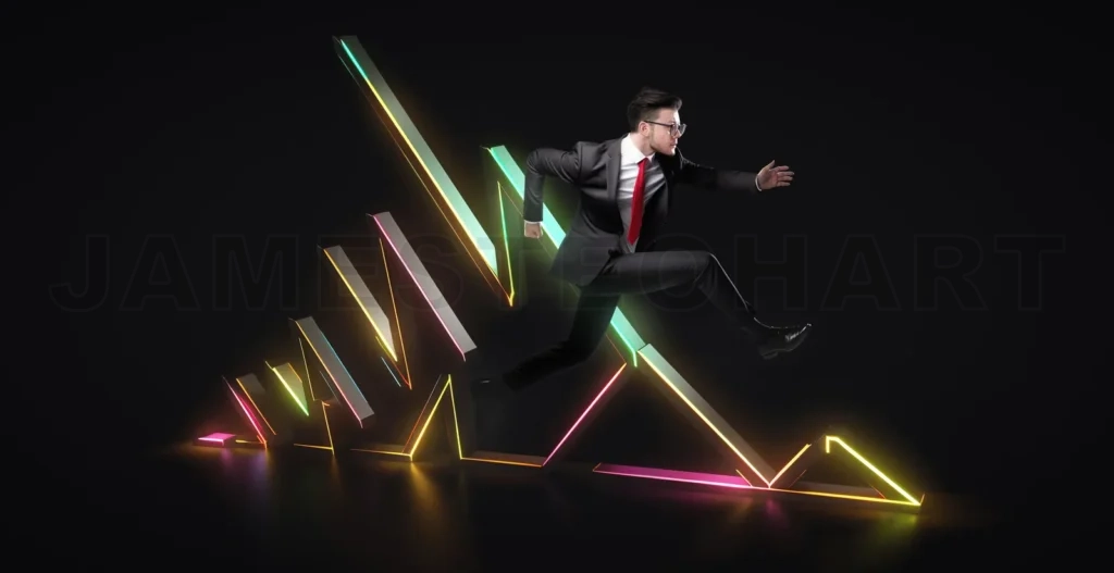 
Young businessman trying to keep up with rising trend in stock m