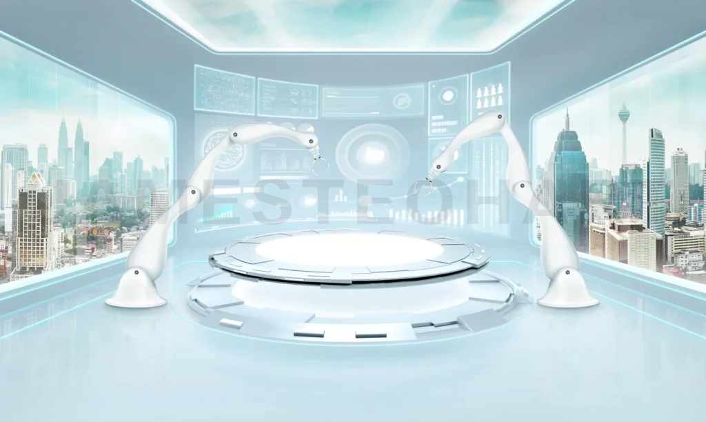 
Two Rendering Assembly Robot Arm In Futuristic Lab With Large Windows And City Urban Landscape