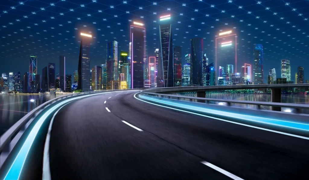 
3d rendering Highway overpass motion blur with modern city