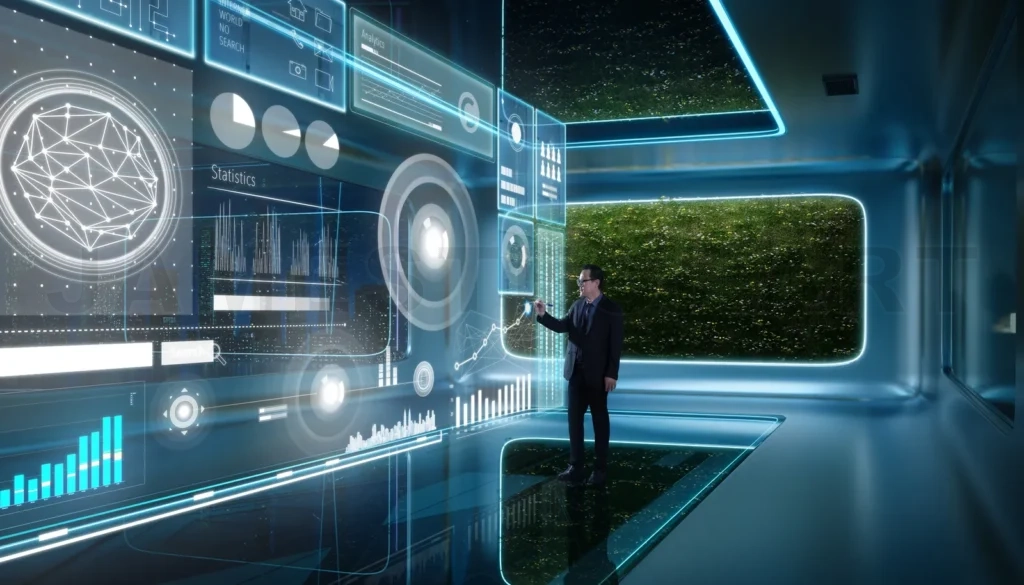 
Businessman interacting with futuristic interface in high-tech e