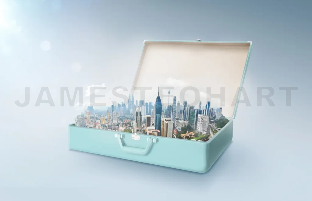 
Modern City Skyline In An Open Retro Vintage Suitcase Isolated On Light Blue Background