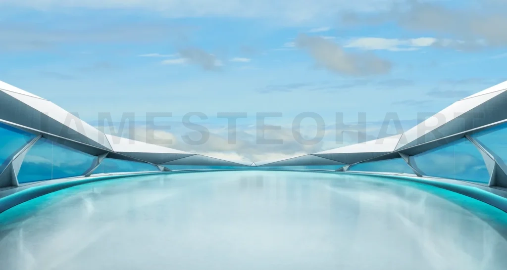 
Futuristic terrace overlooking clouds with glass walls and water feature