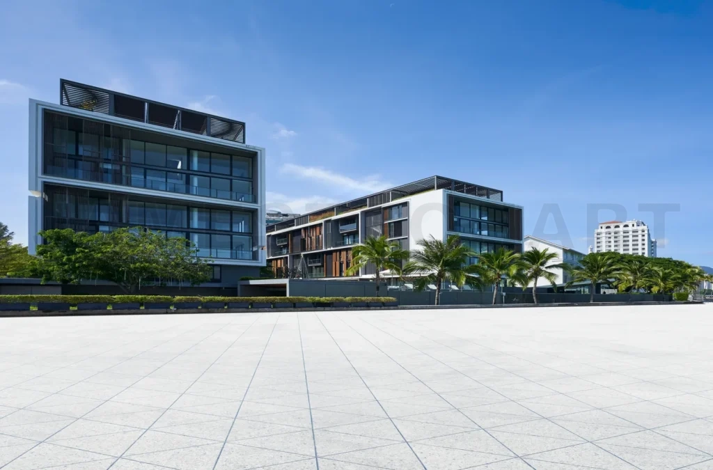 
Modern office building exterior with blue sky