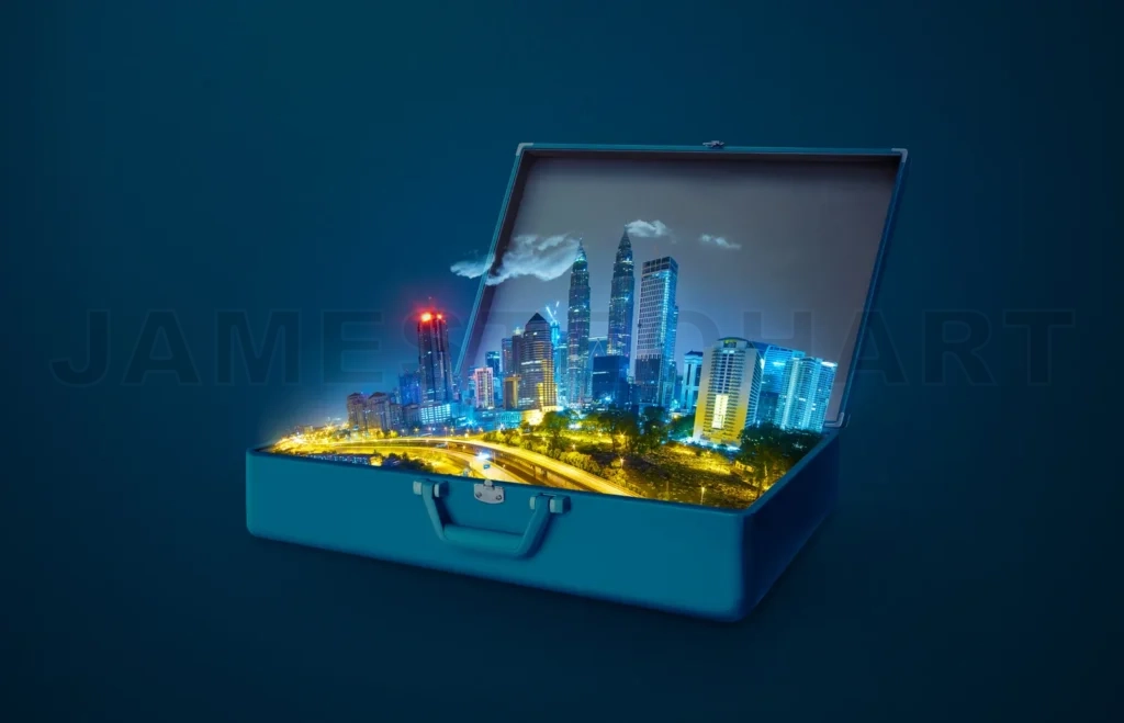 
Night Scene Modern City Skyscraper In An Open Retro Vintage Suitcase Isolated On Blue Background