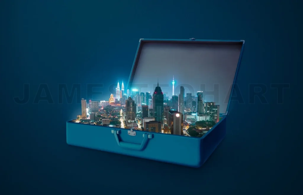 
Night Scene Modern City In An Open Retro Vintage Suitcase Isolated On Blue Background