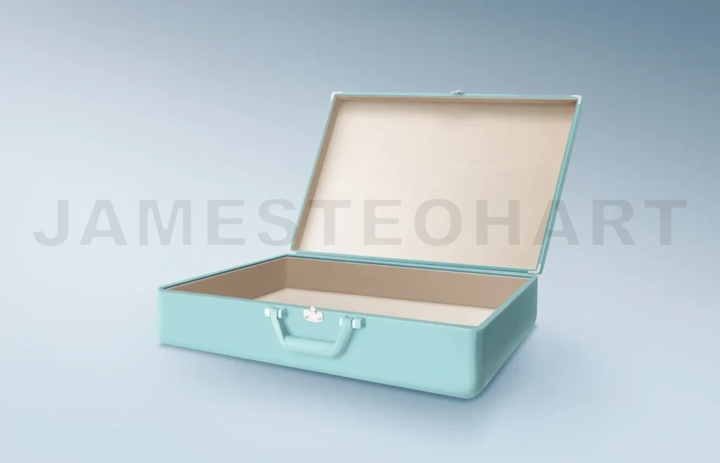 
Open Empty Retro Vintage Mint Blue Suitcase Isolated On Light Blue Background