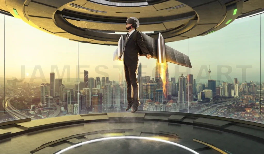 
Futuristic Interior Design Empty Space Room With Businessman Wear A Rocket Suit To Lift ,