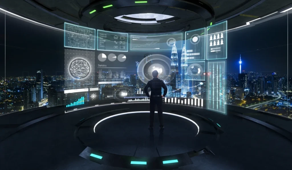 
Businessman Analyzing A Business Analytics With Intelligence Virtual Screen Showing Sales Statistics Charts