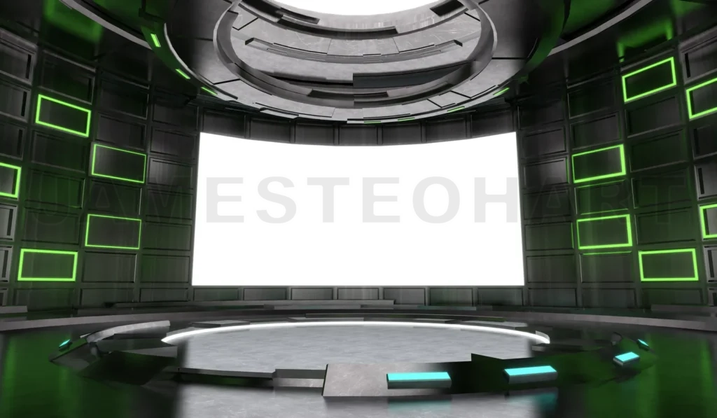 
Futuristic And Sci-Fi Design Stage Interior With Neon Light And Blank  Screen Background