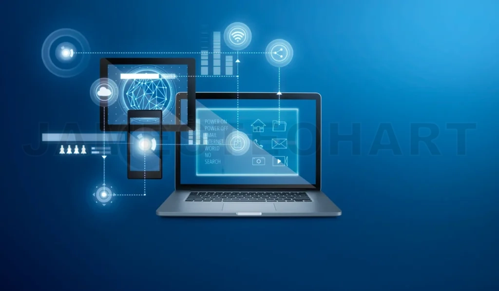 
Smart Home App Interface On Laptop ,Digital Pad And Smart Phone  To Control House With Artificial Intelligence