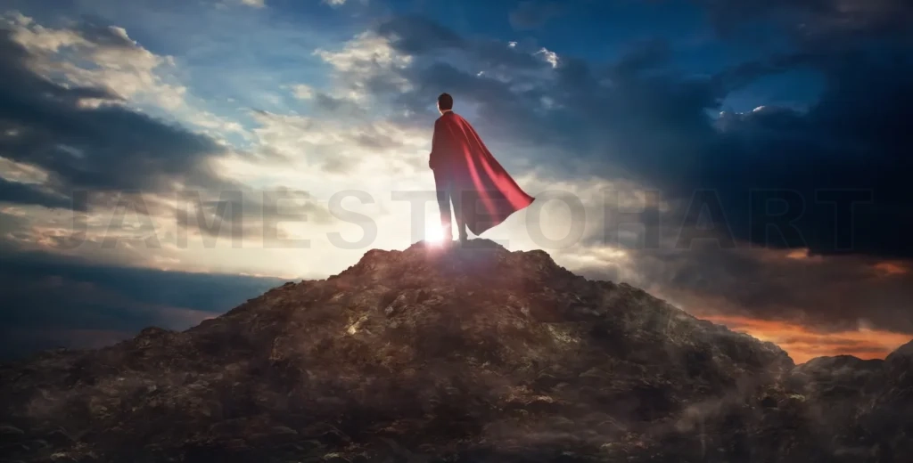 
Businessman In A Suit And Cape Hero On Top Of A Mountain,Business Success Concept
