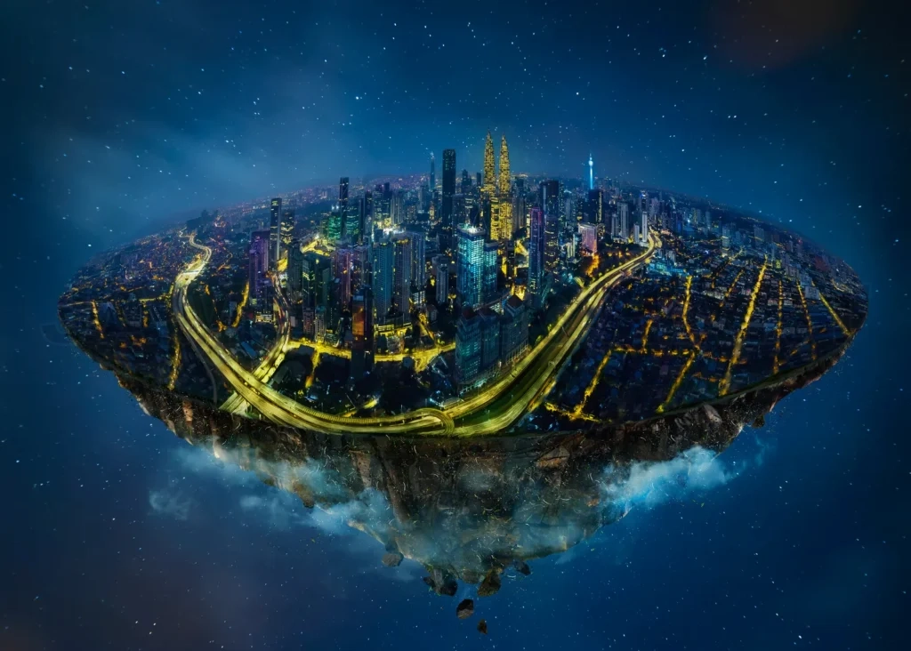 
Fantasy Island Floating In The Air With Modern City Skyline , Night Scene