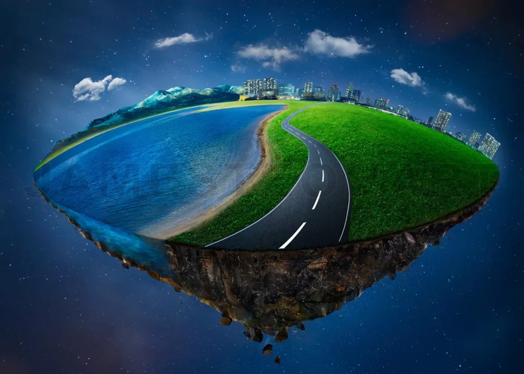
Fantasy Island Floating In The Air With City Skyline, Green Field, Lake, Mountain And Curvy Asphalt Highway
