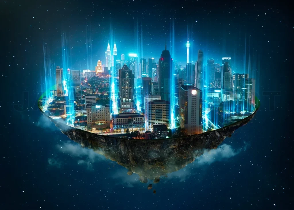 
Fantasy Island Floating In The Air With Network Light Came Out From The Ground  , Smart City And Wireless Network Connection Concept