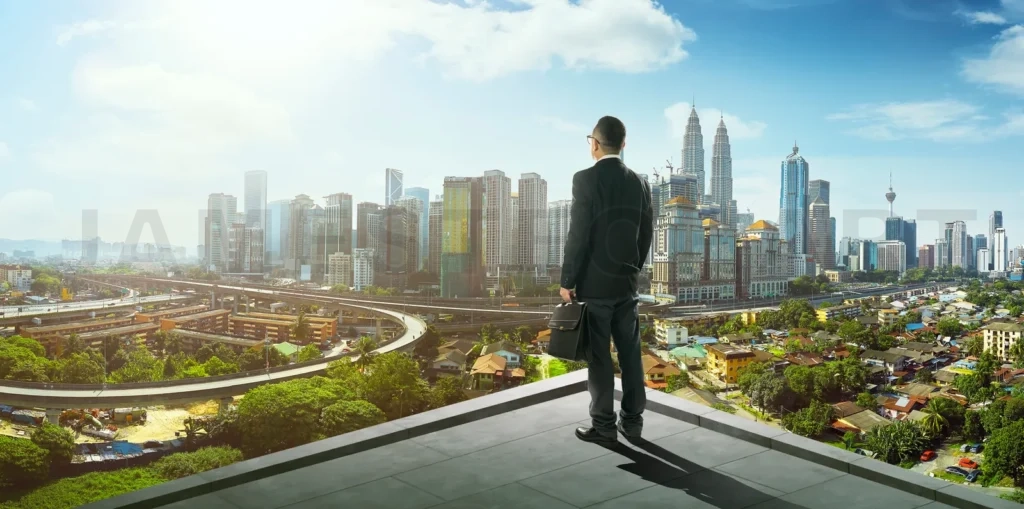 
Businessman Stand At Rooftop Looking Great Cityscape View And Thinking Business Plan Of The Future