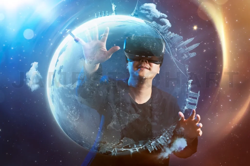
The Young Man Wearing Virtual Reality Goggles With Amazing Cosmic Futuristic Space Virtual Imaging Background