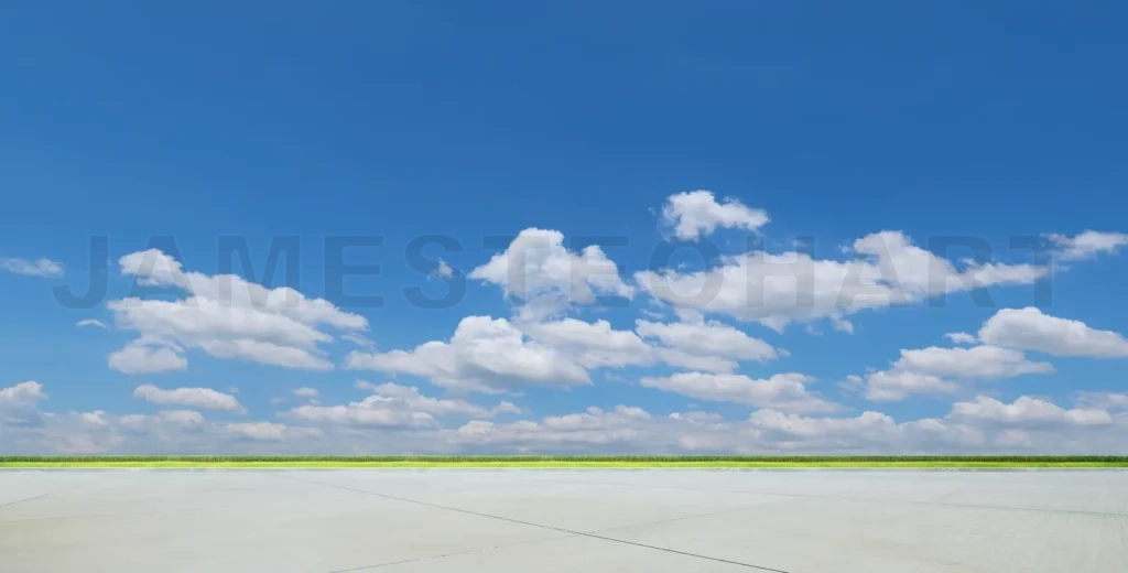 
Empty concrete floor with green grass and blue sky with clouds