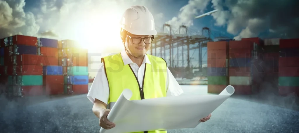 
Logistics engineer worker holding blueprint at cargo port