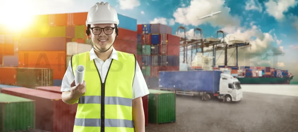 
Logistics engineer working at busy international freight port