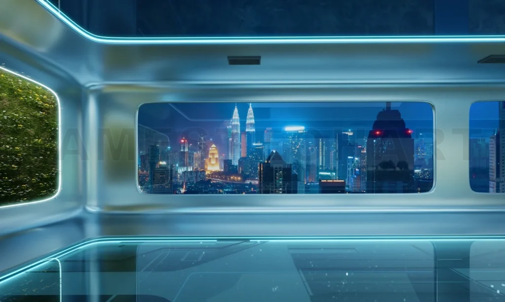 
Modern futuristic interior office design with green wall plant