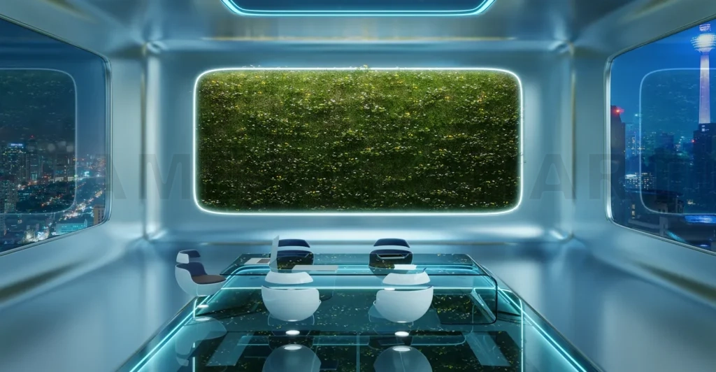 
Modern sci-fi futuristic interior office design with green wall