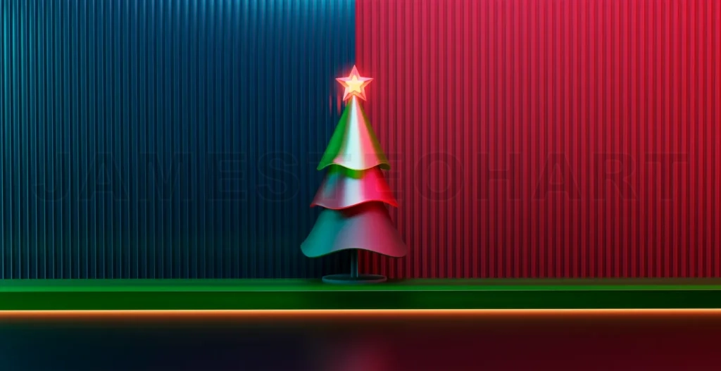 
3d rendering modern christmas tree with neon star against colorful wall