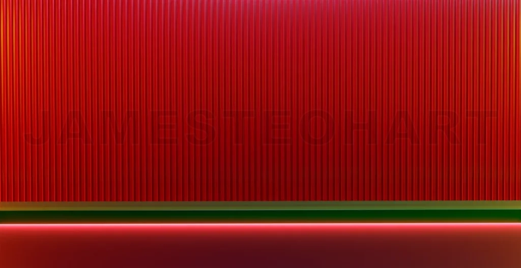 
3d rendering red corrugated wall with neon lighting and green shelf