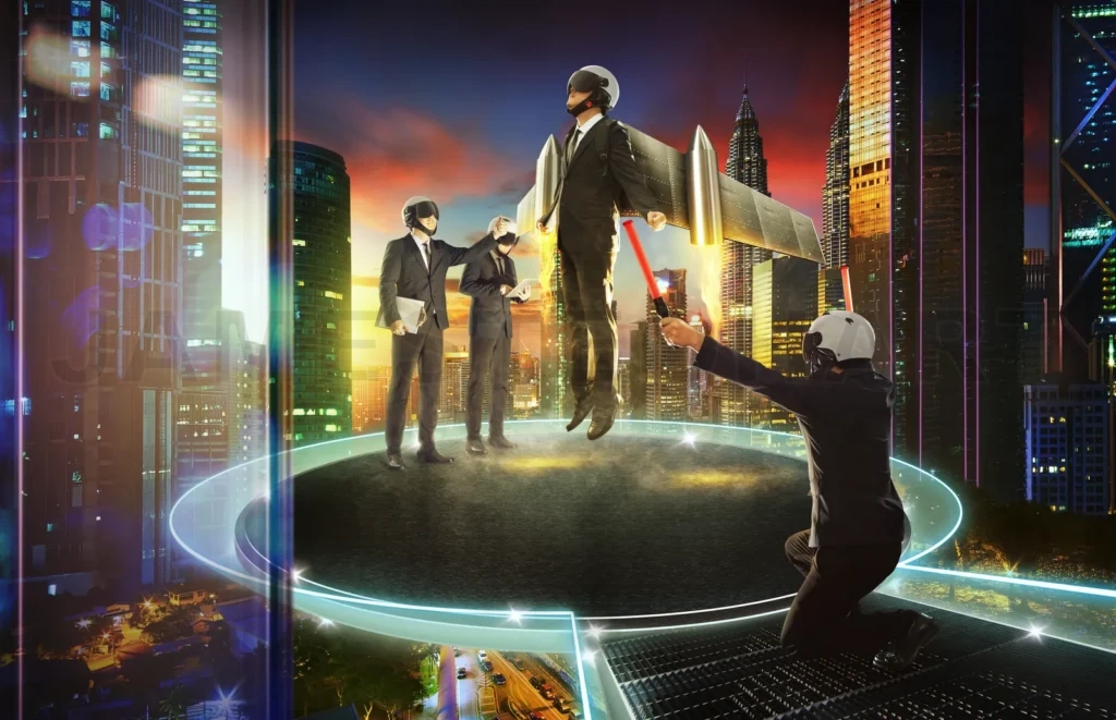 
Business Partners Operate To Help The Boss Wear A Rocket Suit To Lift , Business Teamwork With Success Concept