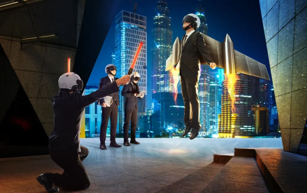 
Business Partners Operate To Help The Boss Wear A Rocket Suit To Lift , Business Teamwork With Success Concept