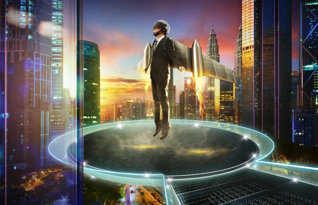 
Businessman Wear A Rocket Suit To Lift , Round Stage Floating With City Skyline Background , Business Start Up Success Concept