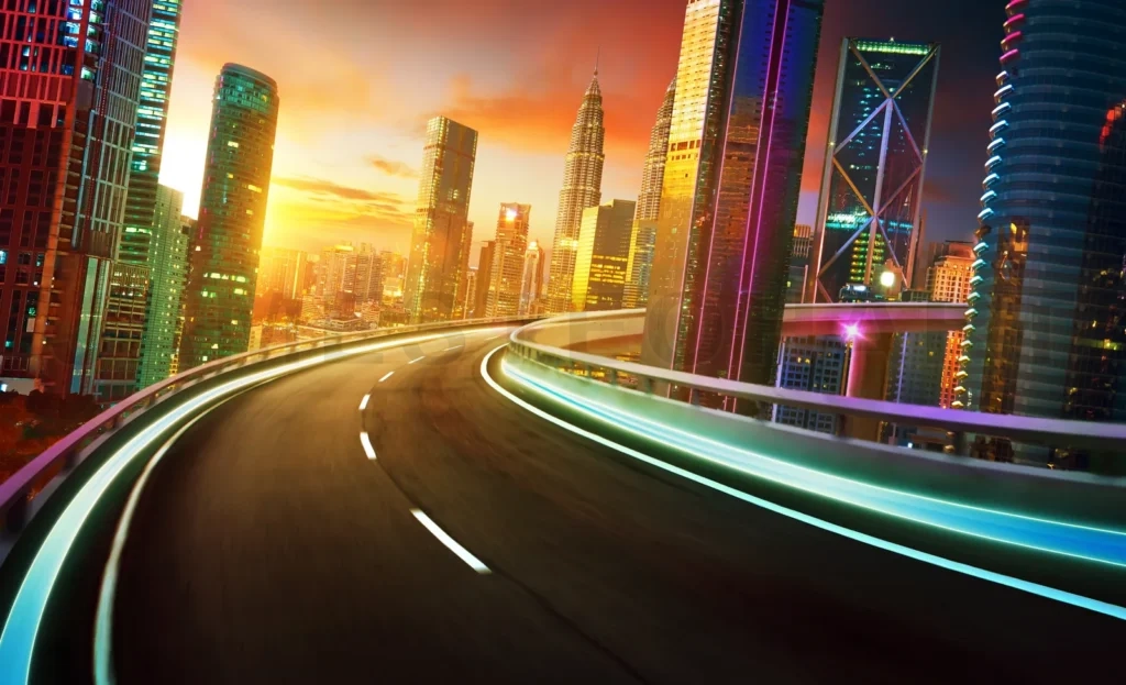 
Highway Overpass Motion Blur With City Skyline And Urban Skyscrapers , Golden Hour Scene