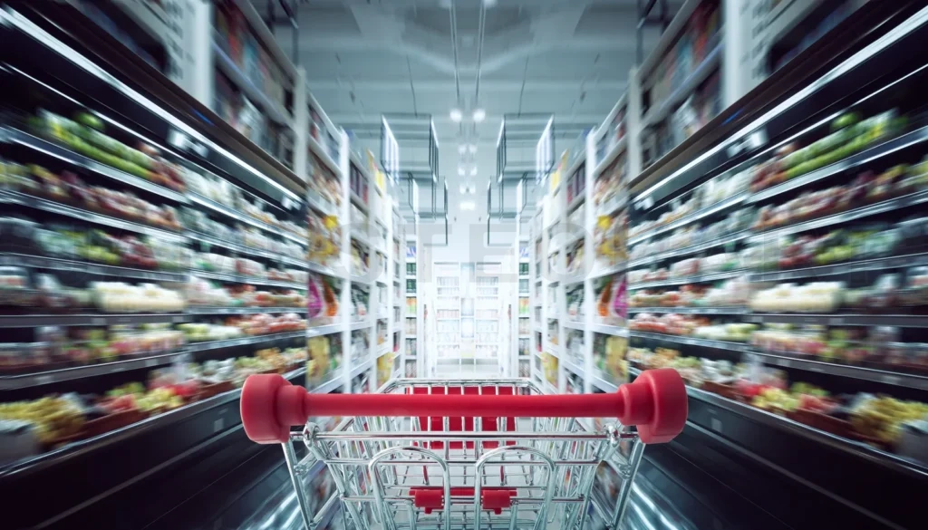 
Red Shopping Cart With Motion Speed Blurred
Supermarket Aisle Background