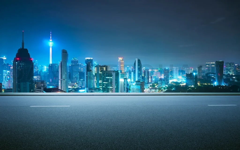 
Side View Asphalt Road On Snight Scene Near The Modern City