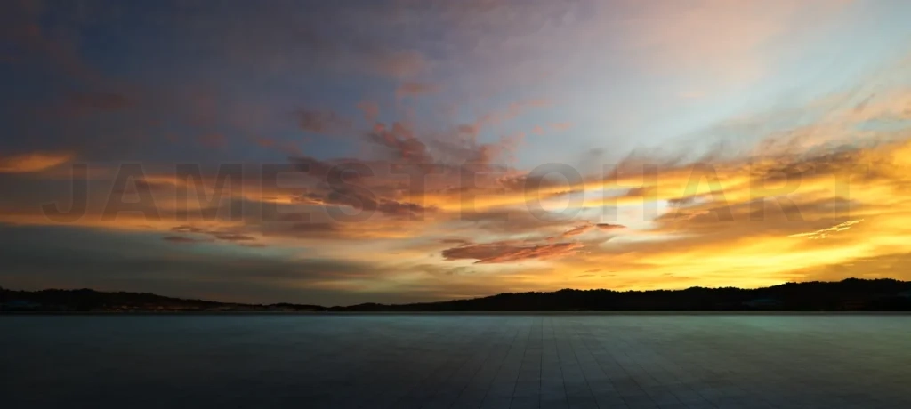 
Empty concrete cement floor with sunset sky .