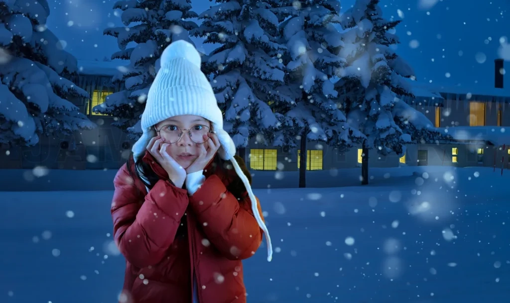 
Young girl enjoying snowfall in winter night outdoors