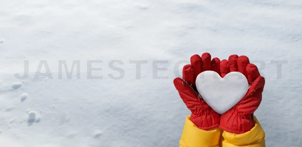 
Panoramic view of hand in red glove holds snow heart