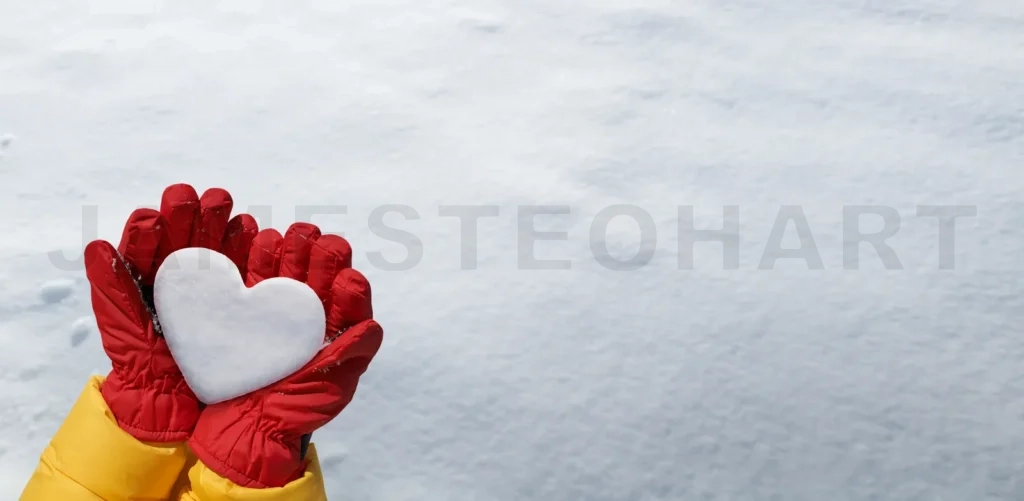 
Panoramic view of hand in red glove holds snow heart