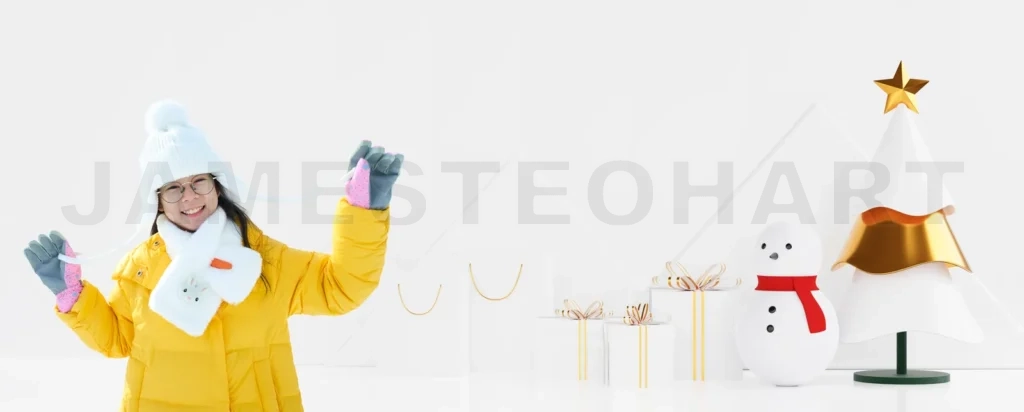 
Happy woman celebrating winter holidays with festive decorations