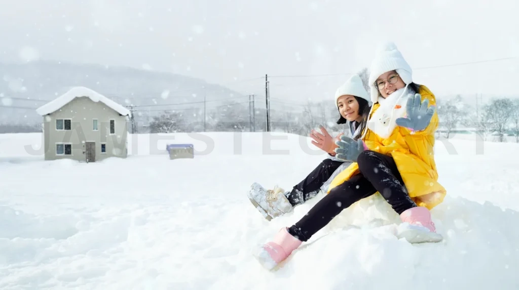 
Young girls playing enjoying winter snow day