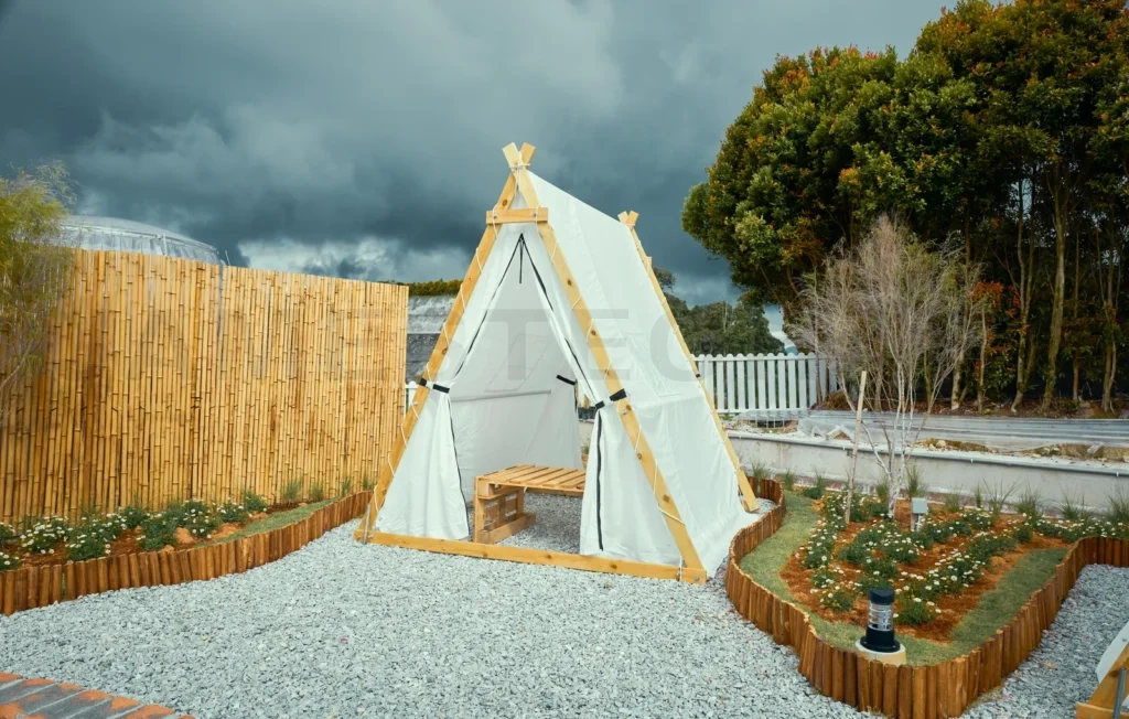 
Beautiful view of canvas glamping tents in the garden