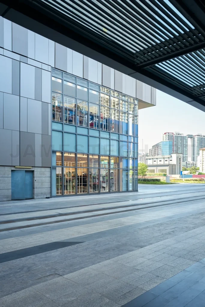 
Empty streets and exteriors of shopping mall buildings in the ci