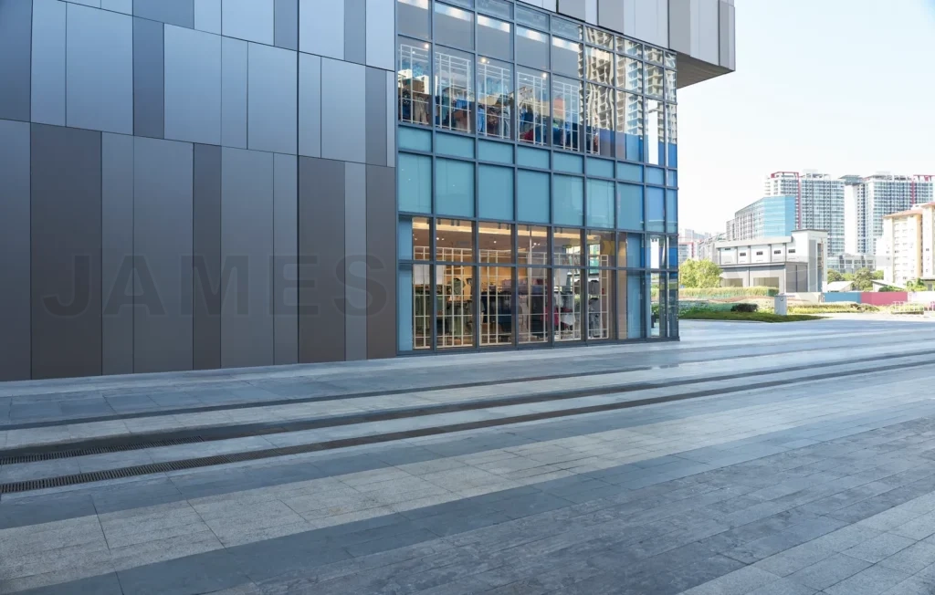 
Empty streets and exteriors of shopping mall buildings in the ci