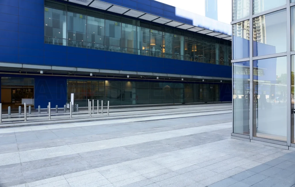 
Empty streets and exteriors of shopping mall buildings in the ci